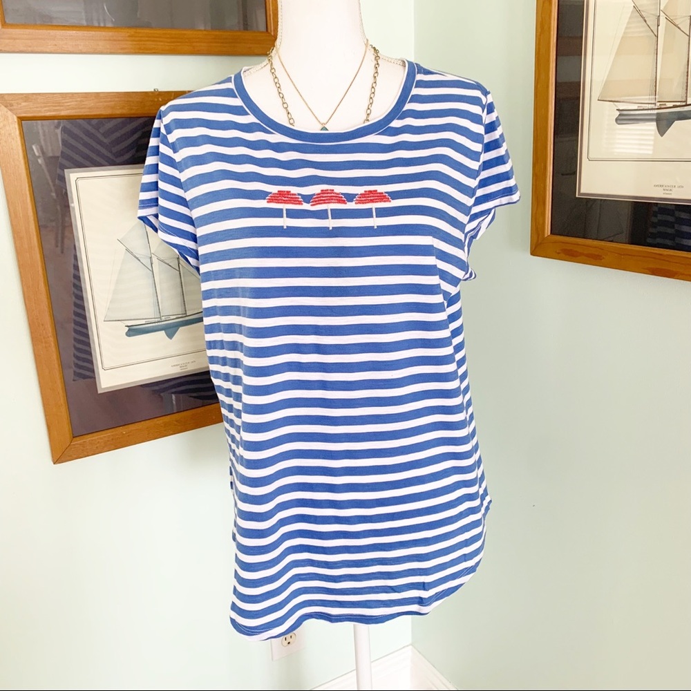 NWOT LOFT Vintage Soft Beaded Umbrella Striped Beachy Top T-shirt XL